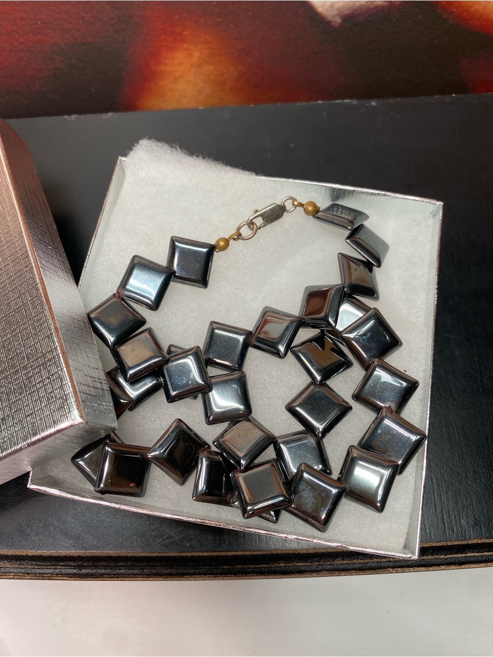 Hematite square beads necklace with 925 silver clasp 16” long